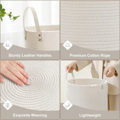 Tall Laundry Basket, Large Dirty Clothes Hamper with Leather Handle, Woven Rope Storage Basket for Blanket, Toy In Living Room, Bathroom, Bedroom - 58L White & Brown