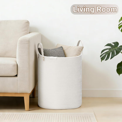 Tall Laundry Basket, Large Dirty Clothes Hamper with Leather Handle, Woven Rope Storage Basket for Blanket, Toy In Living Room, Bathroom, Bedroom - 58L White & Brown