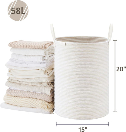 Tall Laundry Basket, Large Dirty Clothes Hamper with Leather Handle, Woven Rope Storage Basket for Blanket, Toy In Living Room, Bathroom, Bedroom - 58L White & Brown