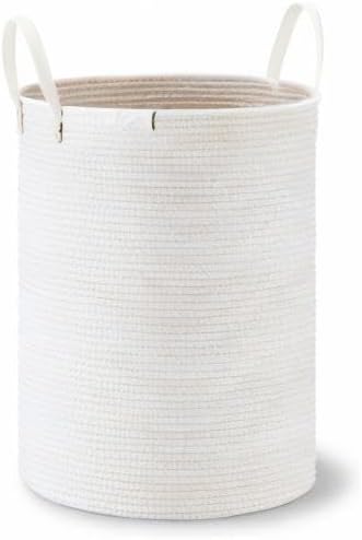 Tall Laundry Basket, Large Dirty Clothes Hamper with Leather Handle, Woven Rope Storage Basket for Blanket, Toy In Living Room, Bathroom, Bedroom - 58L White & Brown
