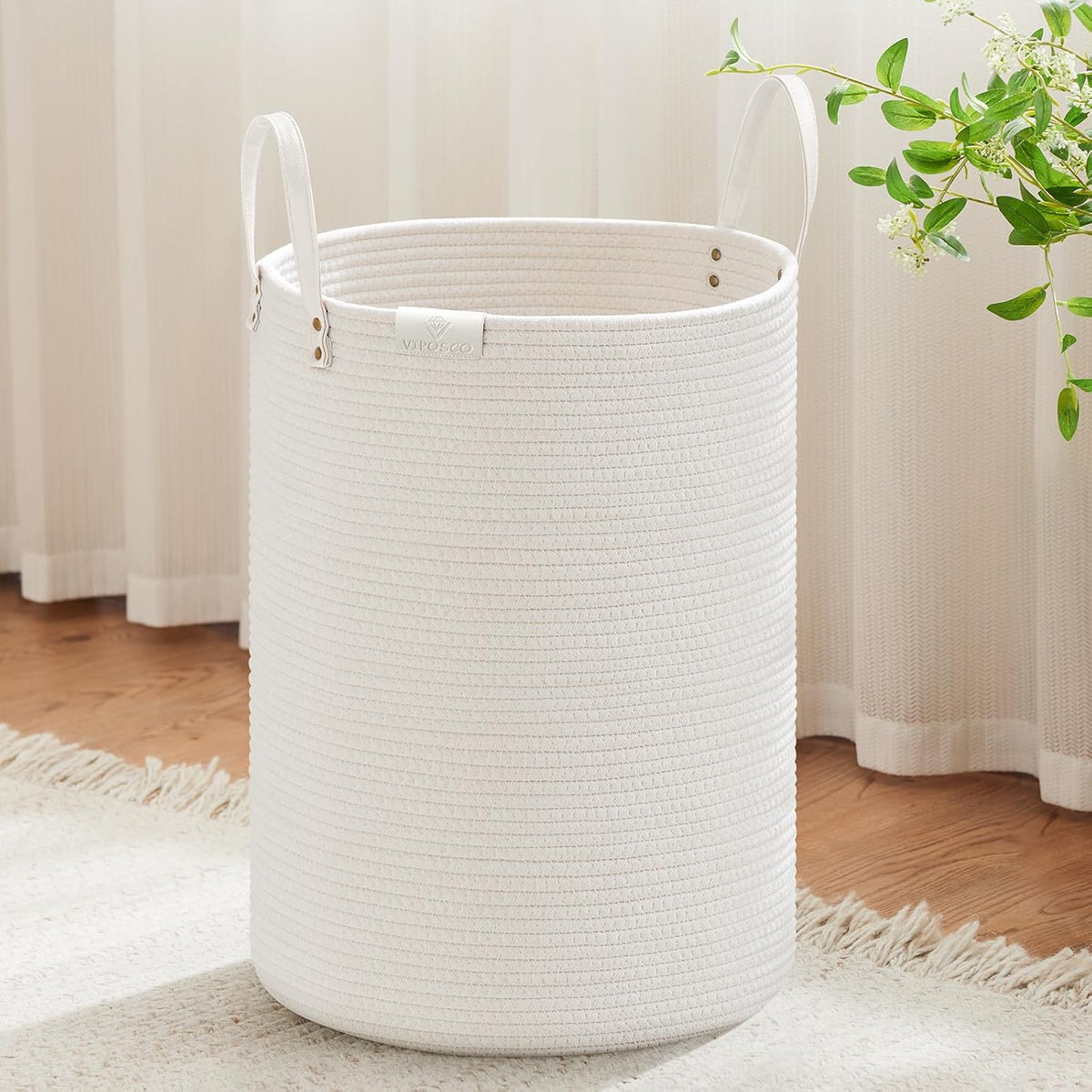Tall Laundry Basket, Large Dirty Clothes Hamper with Leather Handle, Woven Rope Storage Basket for Blanket, Toy In Living Room, Bathroom, Bedroom - 58L White & Brown