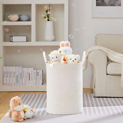 Tall Laundry Basket, Large Dirty Clothes Hamper with Leather Handle, Woven Rope Storage Basket for Blanket, Toy In Living Room, Bathroom, Bedroom - 58L White & Brown