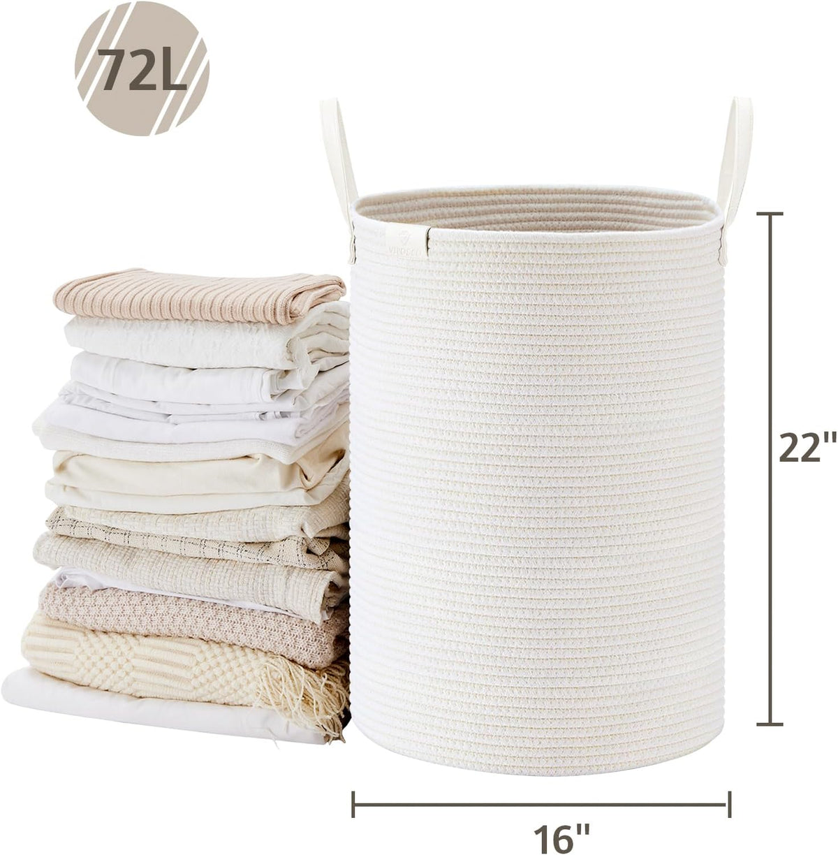 Tall Laundry Basket, Large Dirty Clothes Hamper with Leather Handle, Woven Rope Storage Basket for Blanket, Toy In Living Room, Bathroom, Bedroom - 58L White & Brown