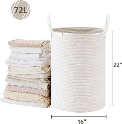 Tall Laundry Basket, Large Dirty Clothes Hamper with Leather Handle, Woven Rope Storage Basket for Blanket, Toy In Living Room, Bathroom, Bedroom - 58L White & Brown
