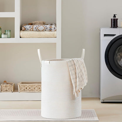 Tall Laundry Basket, Large Dirty Clothes Hamper with Leather Handle, Woven Rope Storage Basket for Blanket, Toy In Living Room, Bathroom, Bedroom - 58L White & Brown