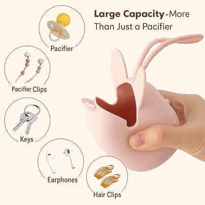 Pacifier Holder Case Silicone Bunny Design Pacifiers Pouch with Soft Silicone Strap, Travel Storage for Stroller & Diaper Bag, Pacifier Holder Pouch for Baby, Set of 3 Beige Dusty Green Pink