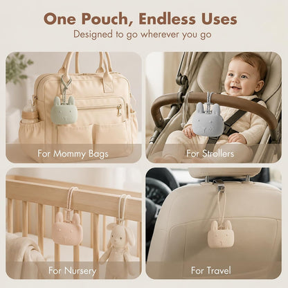 Pacifier Holder Case Silicone Bunny Design Pacifiers Pouch with Soft Silicone Strap, Travel Storage for Stroller & Diaper Bag, Pacifier Holder Pouch for Baby, Set of 3 Beige Dusty Green Pink