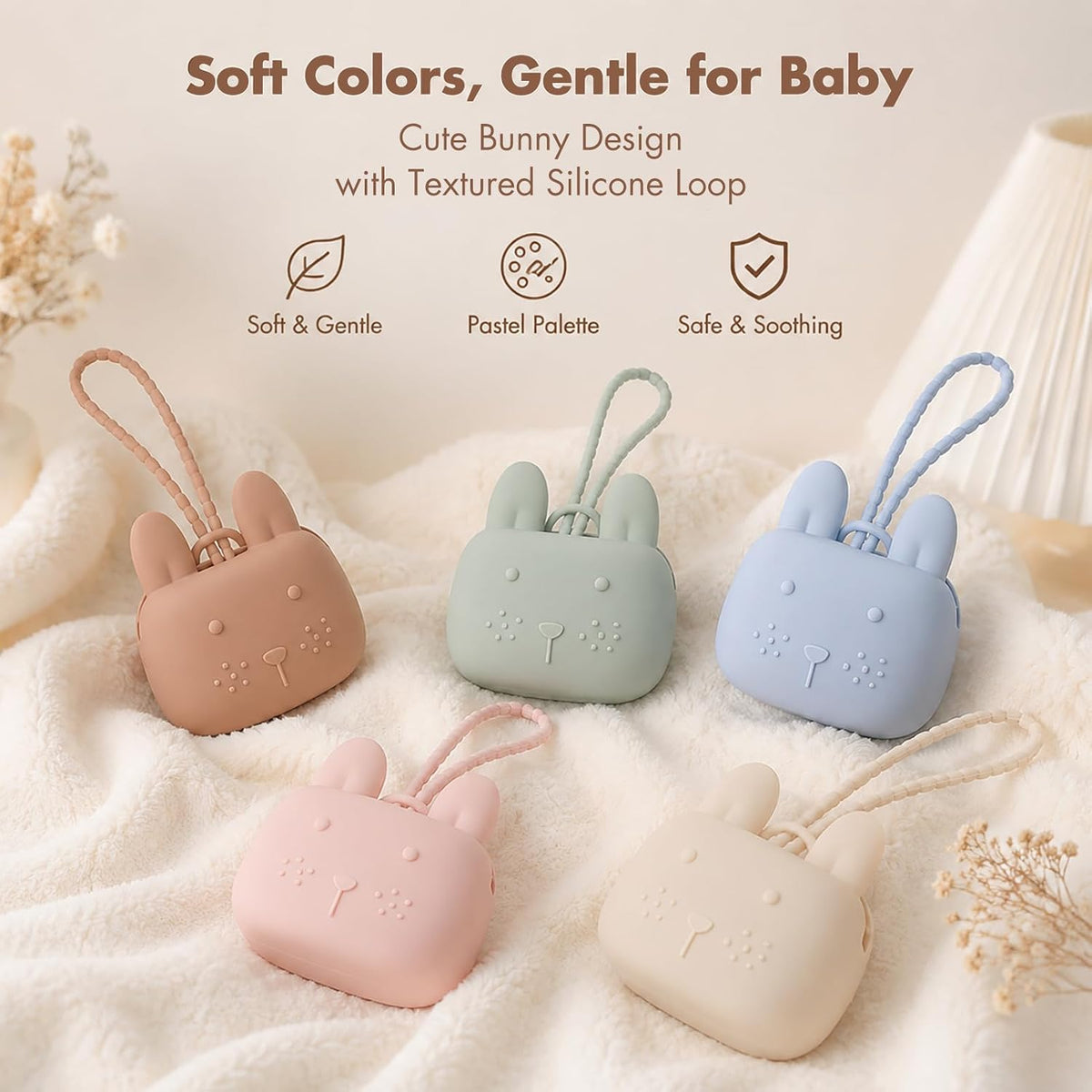 Pacifier Holder Case Silicone Bunny Design Pacifiers Pouch with Soft Silicone Strap, Travel Storage for Stroller & Diaper Bag, Pacifier Holder Pouch for Baby, Set of 3 Beige Dusty Green Pink