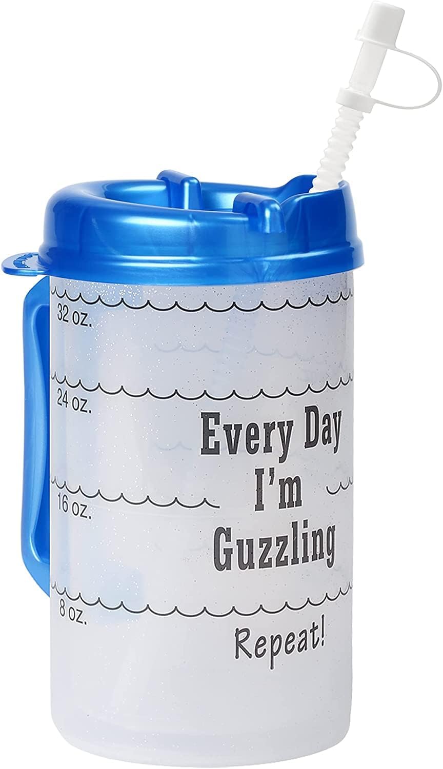 Water Tracking Large Hospital Mug for Daily Intake Measuring Every Day I'm Guzzling - Flexible Straw with Cap, 32 oz Teal with Lid and Handle, Insulated Clear Cup with Ounces Marked