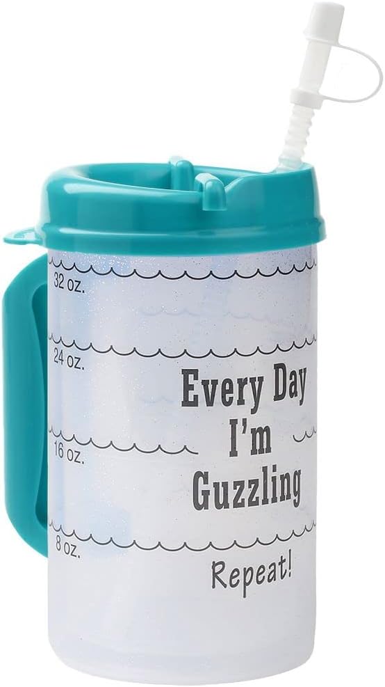 Water Tracking Large Hospital Mug for Daily Intake Measuring Every Day I'm Guzzling - Flexible Straw with Cap, 32 oz Teal with Lid and Handle, Insulated Clear Cup with Ounces Marked