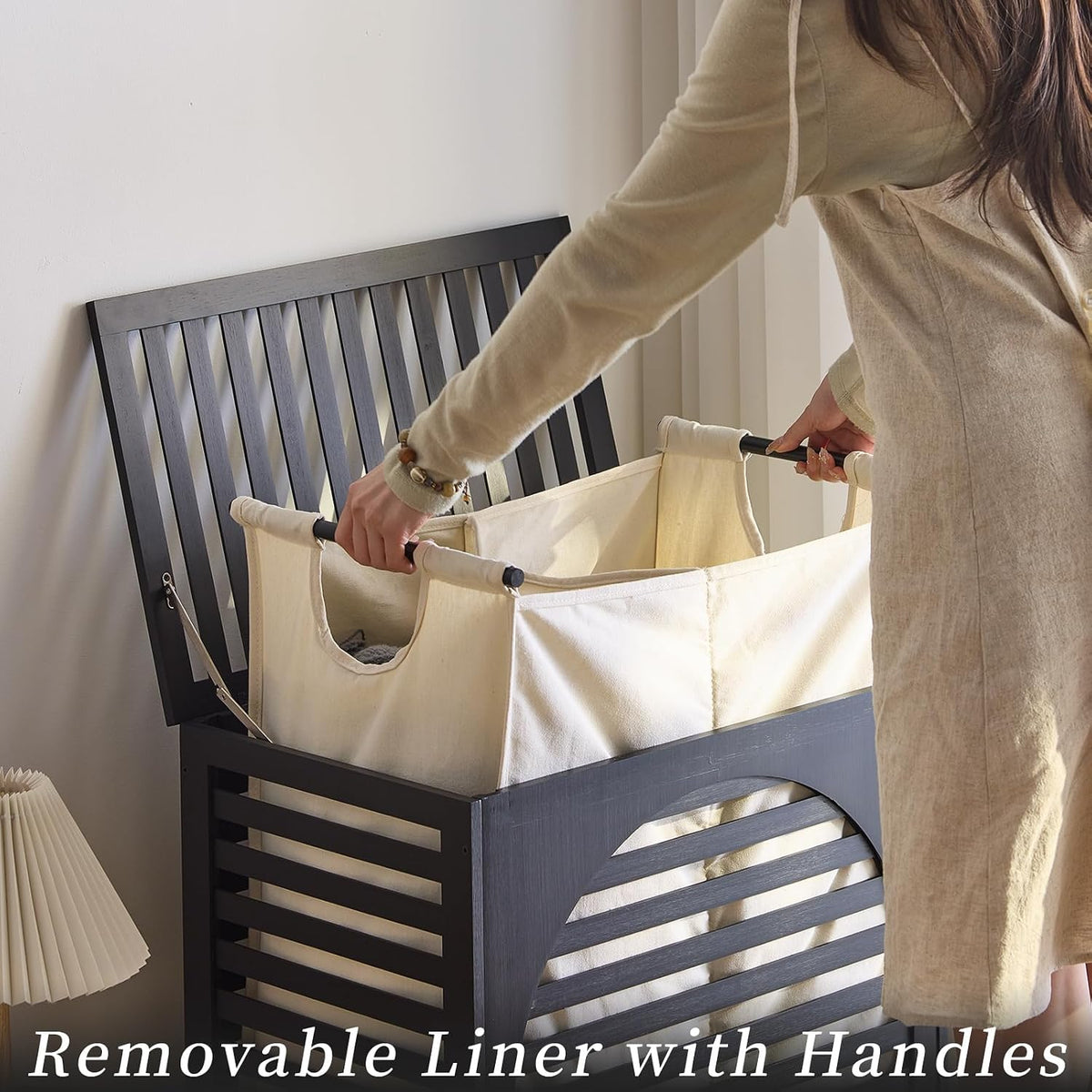 Laundry Hamper with Lid, Bamboo Clothes Laundry Basket with Handles, Removable 2-Section Liner bag, Hampers for Bedroom Aesthetic, Large Storage for Bath Towel, Sheets or Toys, Home (Natural)