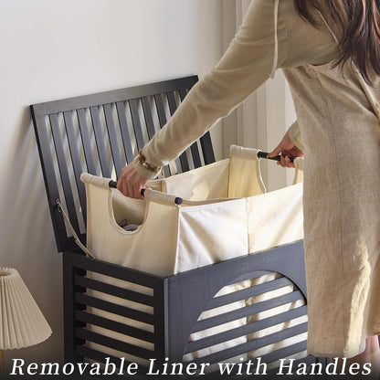 Laundry Hamper with Lid, Bamboo Clothes Laundry Basket with Handles, Removable 2-Section Liner bag, Hampers for Bedroom Aesthetic, Large Storage for Bath Towel, Sheets or Toys, Home (Natural)