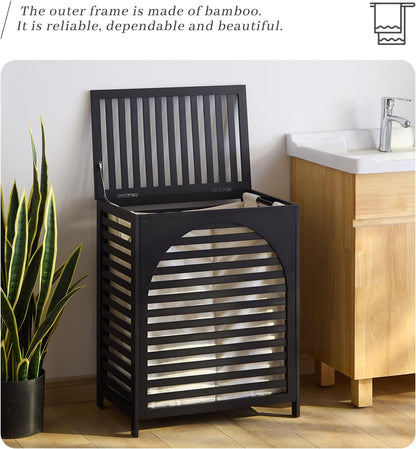 Laundry Hamper with Lid, Bamboo Clothes Laundry Basket with Handles, Removable 2-Section Liner bag, Hampers for Bedroom Aesthetic, Large Storage for Bath Towel, Sheets or Toys, Home (Natural)