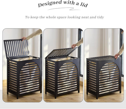 Laundry Hamper with Lid, Bamboo Clothes Laundry Basket with Handles, Removable 2-Section Liner bag, Hampers for Bedroom Aesthetic, Large Storage for Bath Towel, Sheets or Toys, Home (Natural)