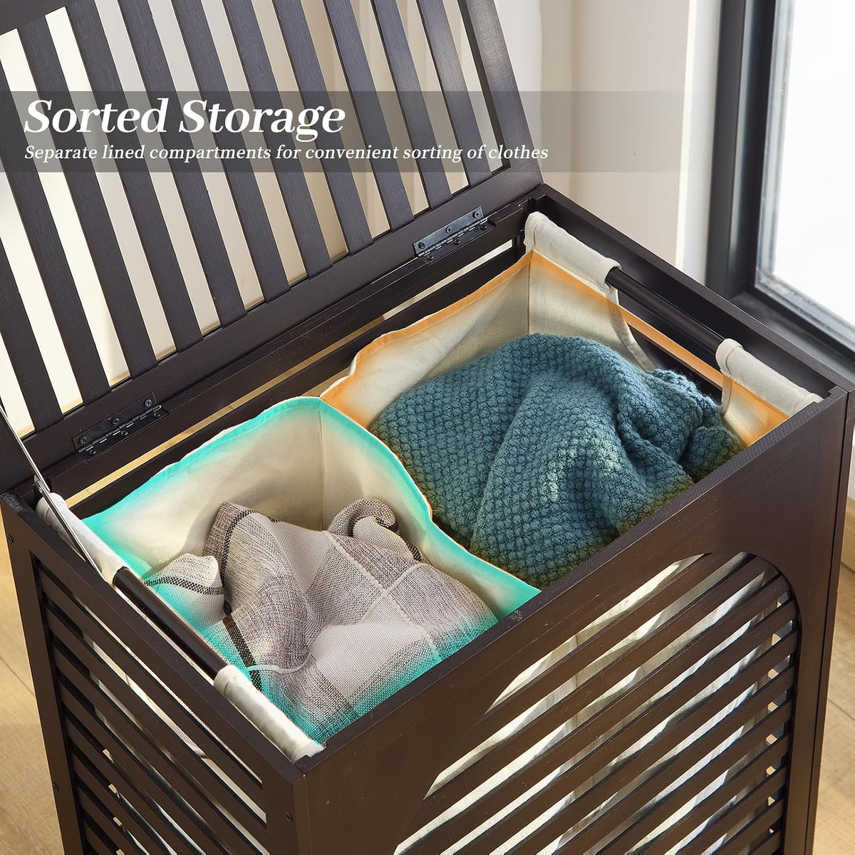 Laundry Hamper with Lid, Bamboo Clothes Laundry Basket with Handles, Removable 2-Section Liner bag, Hampers for Bedroom Aesthetic, Large Storage for Bath Towel, Sheets or Toys, Home (Natural)