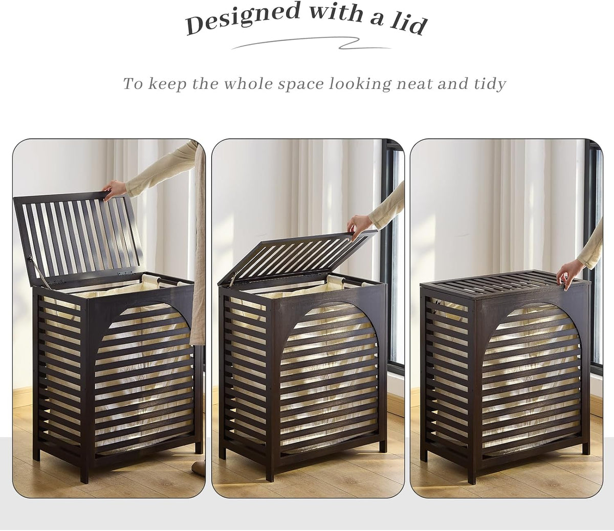 Laundry Hamper with Lid, Bamboo Clothes Laundry Basket with Handles, Removable 2-Section Liner bag, Hampers for Bedroom Aesthetic, Large Storage for Bath Towel, Sheets or Toys, Home (Natural)