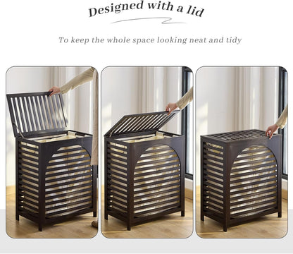 Laundry Hamper with Lid, Bamboo Clothes Laundry Basket with Handles, Removable 2-Section Liner bag, Hampers for Bedroom Aesthetic, Large Storage for Bath Towel, Sheets or Toys, Home (Natural)