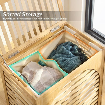 Laundry Hamper with Lid, Bamboo Clothes Laundry Basket with Handles, Removable 2-Section Liner bag, Hampers for Bedroom Aesthetic, Large Storage for Bath Towel, Sheets or Toys, Home (Natural)