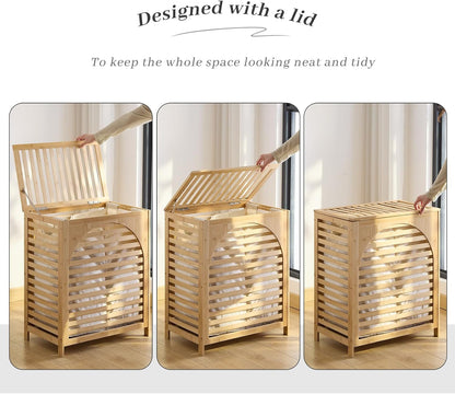 Laundry Hamper with Lid, Bamboo Clothes Laundry Basket with Handles, Removable 2-Section Liner bag, Hampers for Bedroom Aesthetic, Large Storage for Bath Towel, Sheets or Toys, Home (Natural)