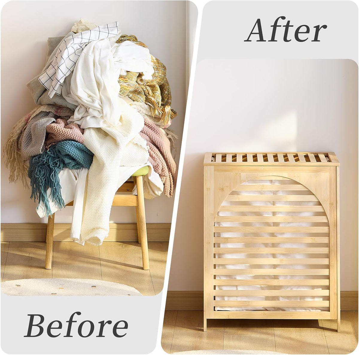 Laundry Hamper with Lid, Bamboo Clothes Laundry Basket with Handles, Removable 2-Section Liner bag, Hampers for Bedroom Aesthetic, Large Storage for Bath Towel, Sheets or Toys, Home (Natural)