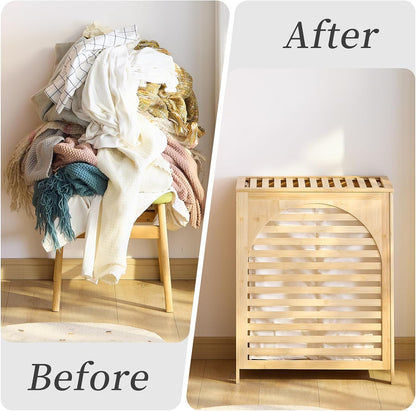 Laundry Hamper with Lid, Bamboo Clothes Laundry Basket with Handles, Removable 2-Section Liner bag, Hampers for Bedroom Aesthetic, Large Storage for Bath Towel, Sheets or Toys, Home (Natural)