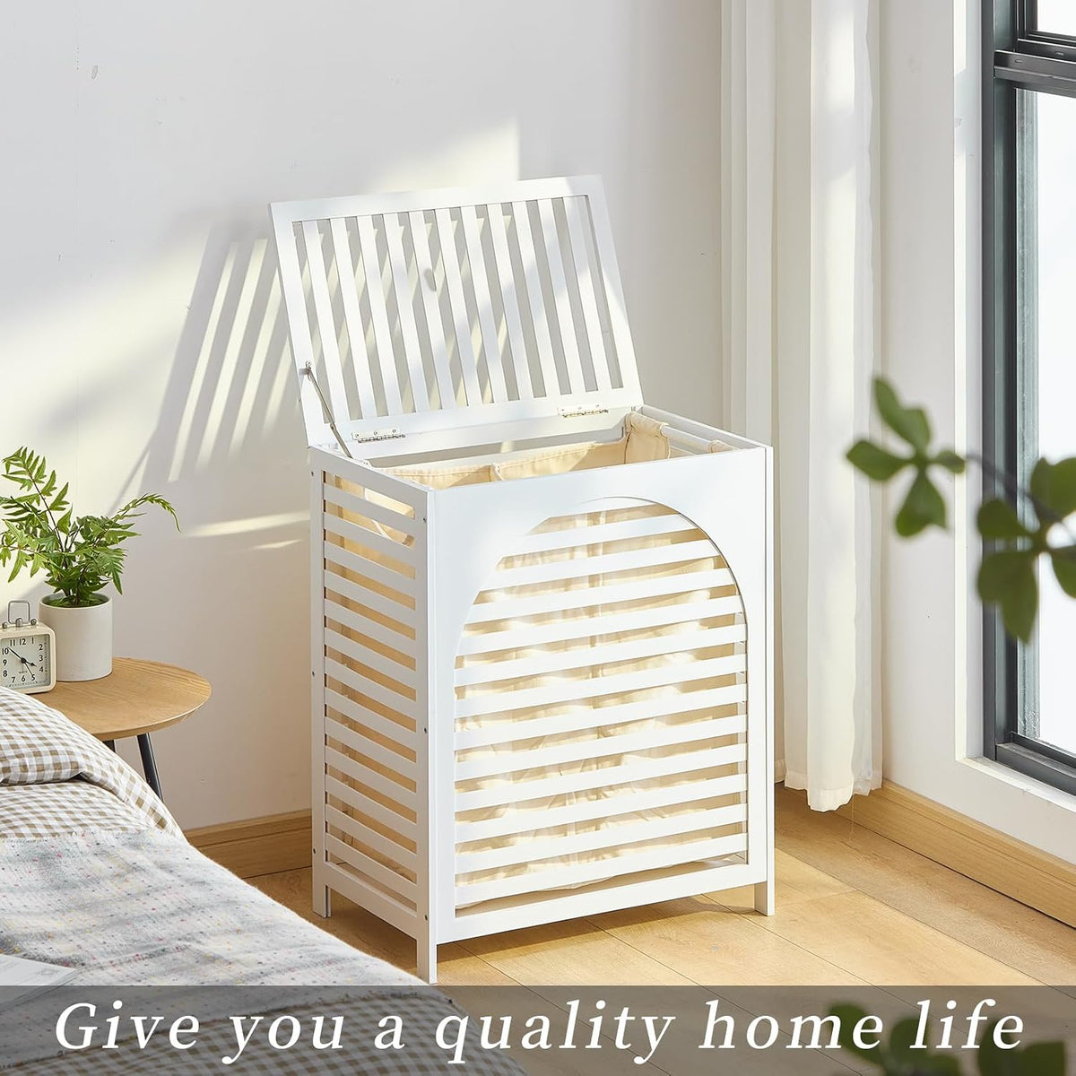 Laundry Hamper with Lid, Bamboo Clothes Laundry Basket with Handles, Removable 2-Section Liner bag, Hampers for Bedroom Aesthetic, Large Storage for Bath Towel, Sheets or Toys, Home (Natural)