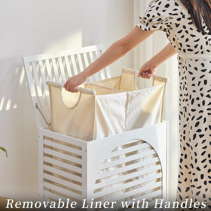 Laundry Hamper with Lid, Bamboo Clothes Laundry Basket with Handles, Removable 2-Section Liner bag, Hampers for Bedroom Aesthetic, Large Storage for Bath Towel, Sheets or Toys, Home (Natural)
