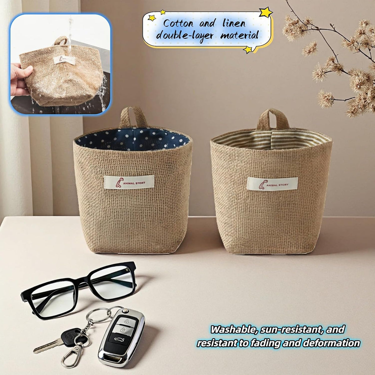 Machine Washable Hemp Cotton Hanging Organizer for Door, Wall & Bedside. Space Saving Storage Pockets, Heavy Duty 15lb Anti-Slip Design for Home & Office (White dot)