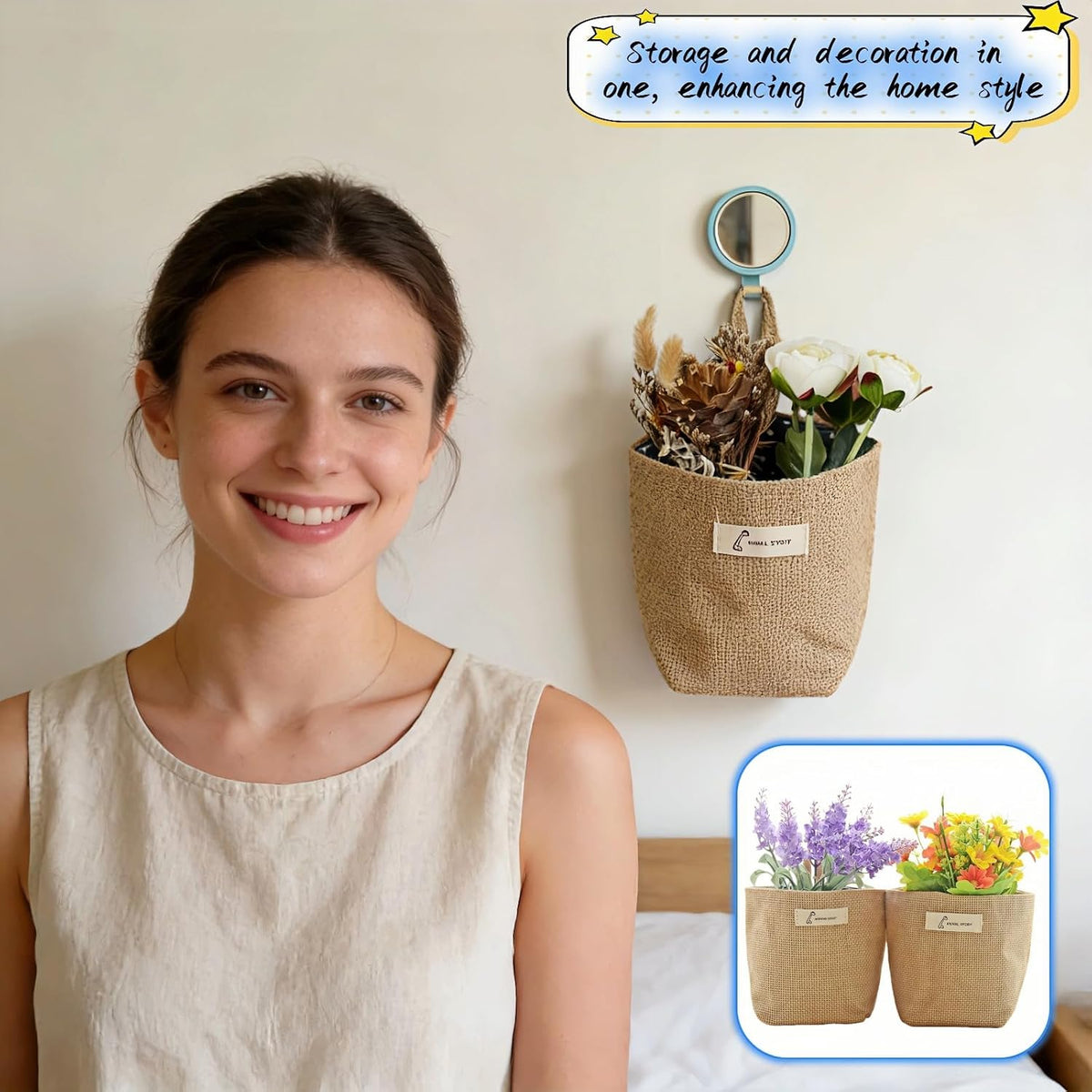 Machine Washable Hemp Cotton Hanging Organizer for Door, Wall & Bedside. Space Saving Storage Pockets, Heavy Duty 15lb Anti-Slip Design for Home & Office (White dot)