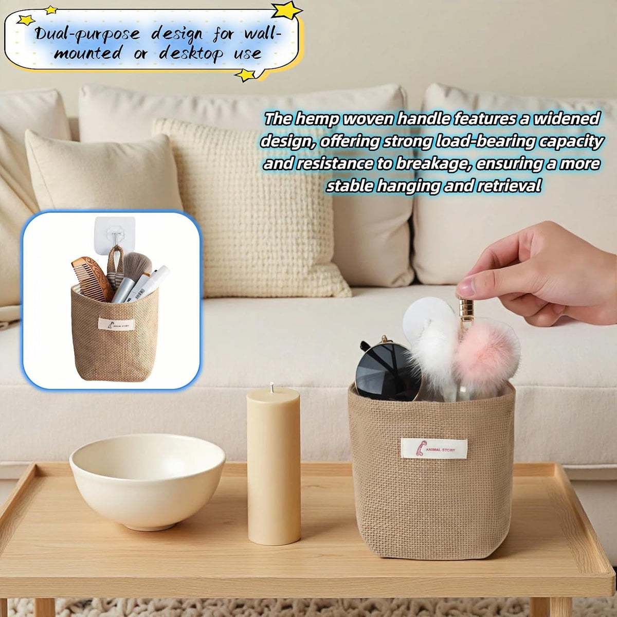 Machine Washable Hemp Cotton Hanging Organizer for Door, Wall & Bedside. Space Saving Storage Pockets, Heavy Duty 15lb Anti-Slip Design for Home & Office (White dot)