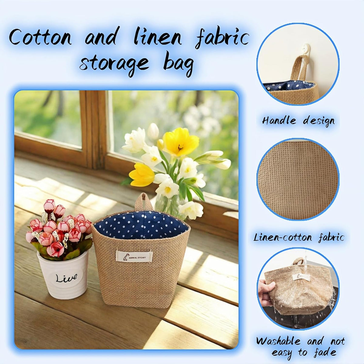 Machine Washable Hemp Cotton Hanging Organizer for Door, Wall & Bedside. Space Saving Storage Pockets, Heavy Duty 15lb Anti-Slip Design for Home & Office (White dot)