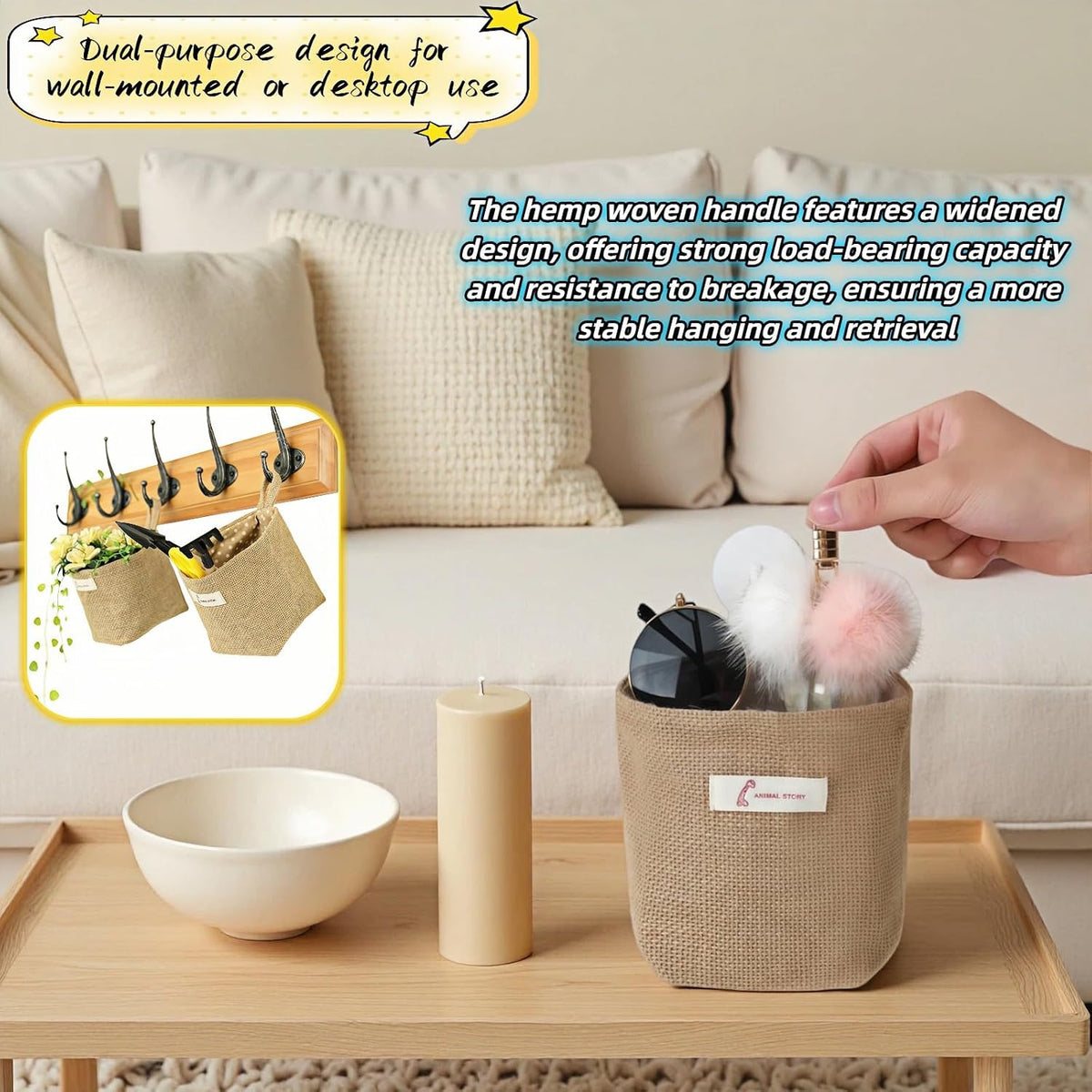 Machine Washable Hemp Cotton Hanging Organizer for Door, Wall & Bedside. Space Saving Storage Pockets, Heavy Duty 15lb Anti-Slip Design for Home & Office (White dot)