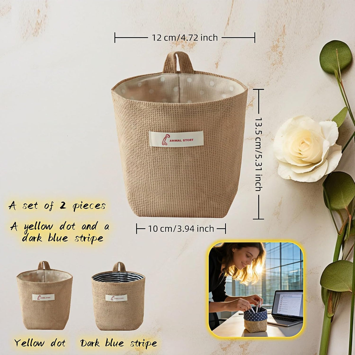 Machine Washable Hemp Cotton Hanging Organizer for Door, Wall & Bedside. Space Saving Storage Pockets, Heavy Duty 15lb Anti-Slip Design for Home & Office (White dot)