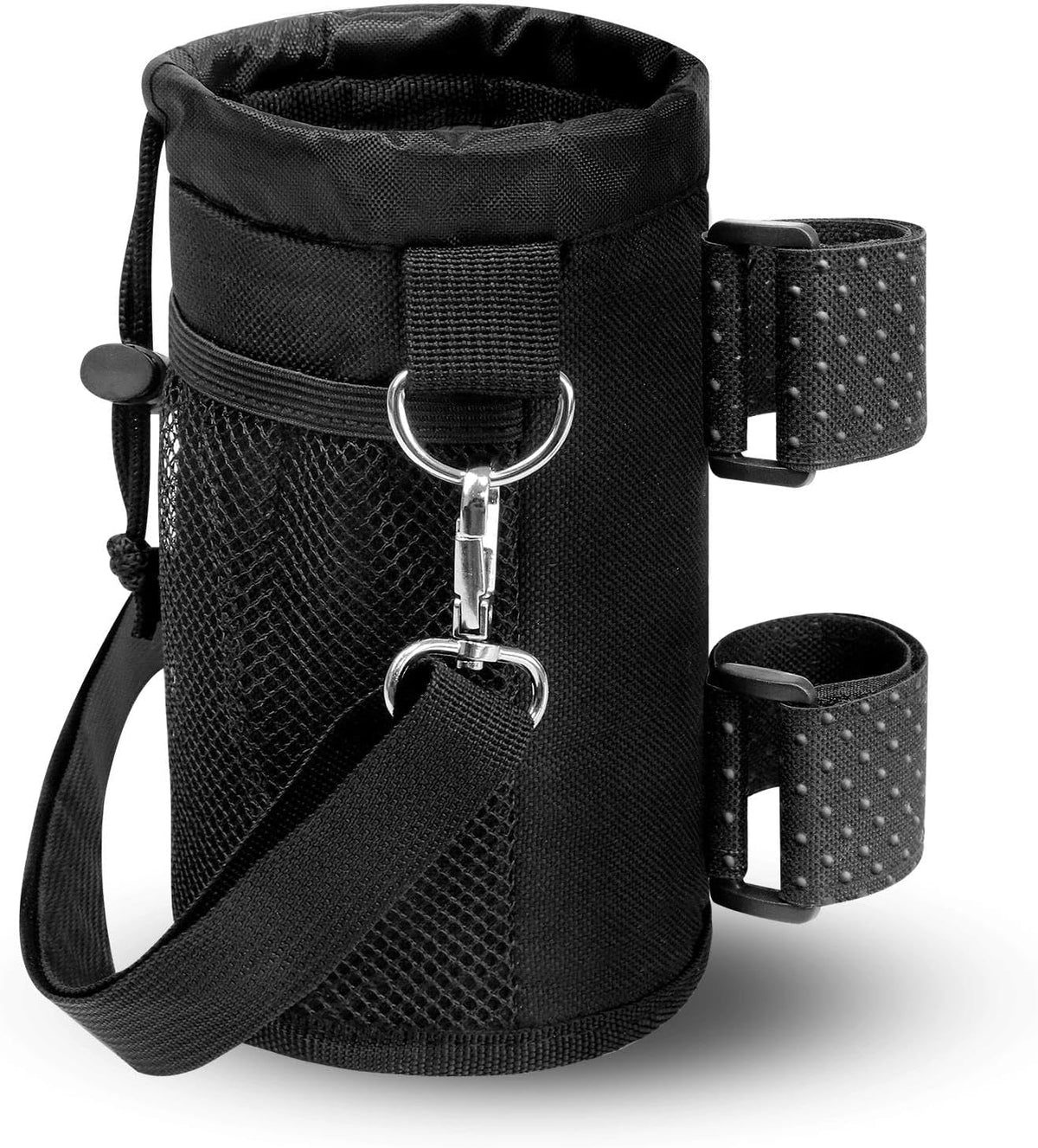 Cup Holder for Bike, Wheelchair and Scooter, Water Bottle Holder for Bicycle, Walker, Stroller, Utv, ATV eBike and Beach, Universal Drink Holder Accessories with Strap and Net Pocket - Black