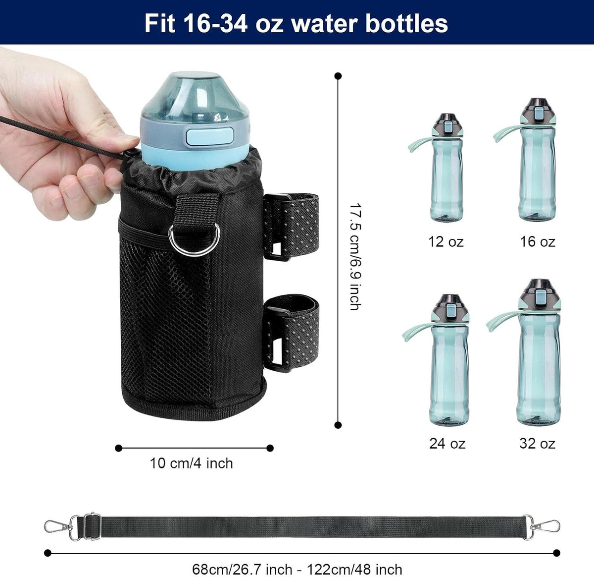 Cup Holder for Bike, Wheelchair and Scooter, Water Bottle Holder for Bicycle, Walker, Stroller, Utv, ATV eBike and Beach, Universal Drink Holder Accessories with Strap and Net Pocket - Black