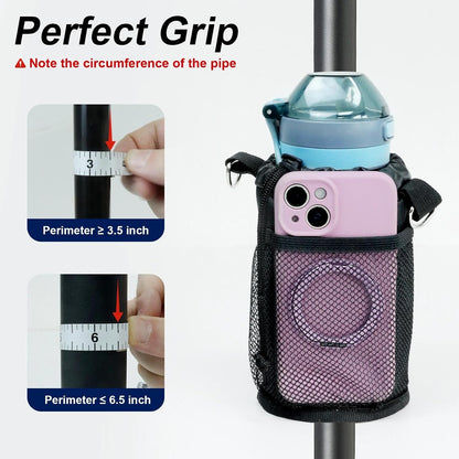 Cup Holder for Bike, Wheelchair and Scooter, Water Bottle Holder for Bicycle, Walker, Stroller, Utv, ATV eBike and Beach, Universal Drink Holder Accessories with Strap and Net Pocket - Black