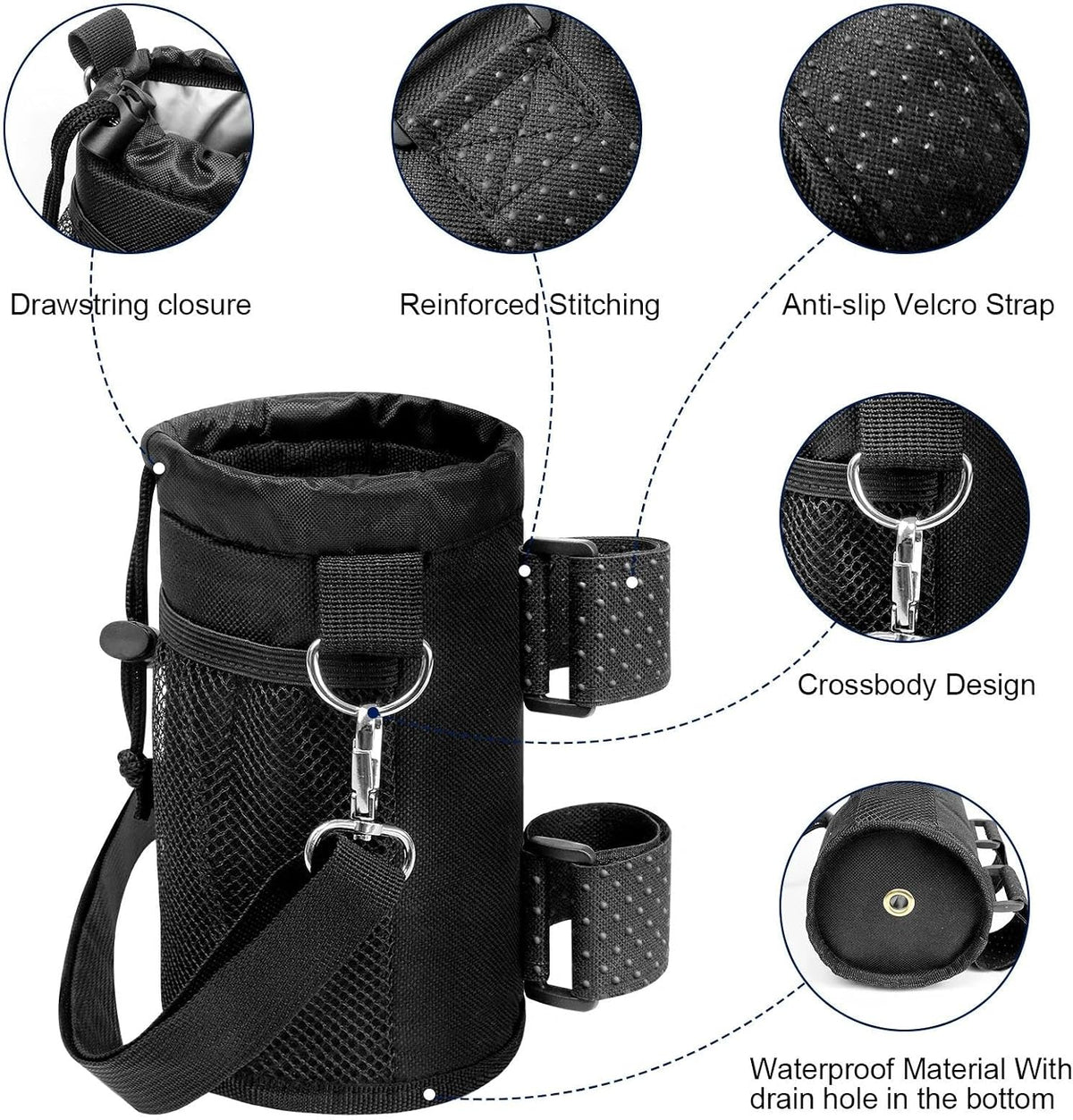 Cup Holder for Bike, Wheelchair and Scooter, Water Bottle Holder for Bicycle, Walker, Stroller, Utv, ATV eBike and Beach, Universal Drink Holder Accessories with Strap and Net Pocket - Black