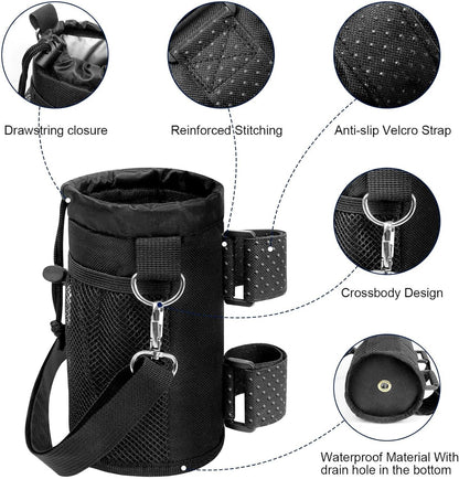 Cup Holder for Bike, Wheelchair and Scooter, Water Bottle Holder for Bicycle, Walker, Stroller, Utv, ATV eBike and Beach, Universal Drink Holder Accessories with Strap and Net Pocket - Black
