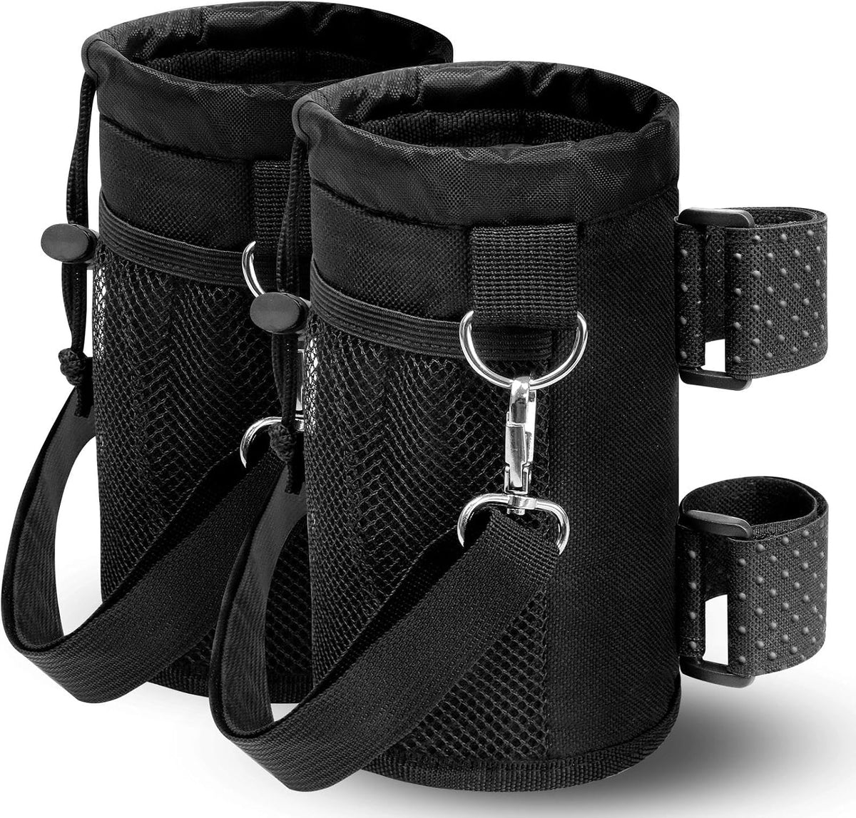Cup Holder for Bike, Wheelchair and Scooter, Water Bottle Holder for Bicycle, Walker, Stroller, Utv, ATV eBike and Beach, Universal Drink Holder Accessories with Strap and Net Pocket - Black