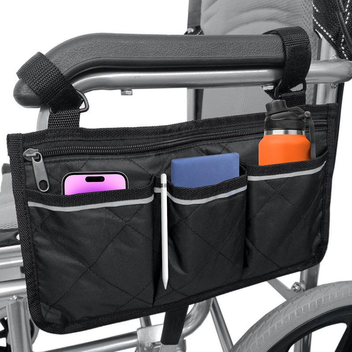 Multifunctional Wheelchair Side Storage Bag - Convenient Walker Bag 4 Separate Pockets Electric Wheelchairs Side Storage Bag with Reflective Strips Can Store Most Items