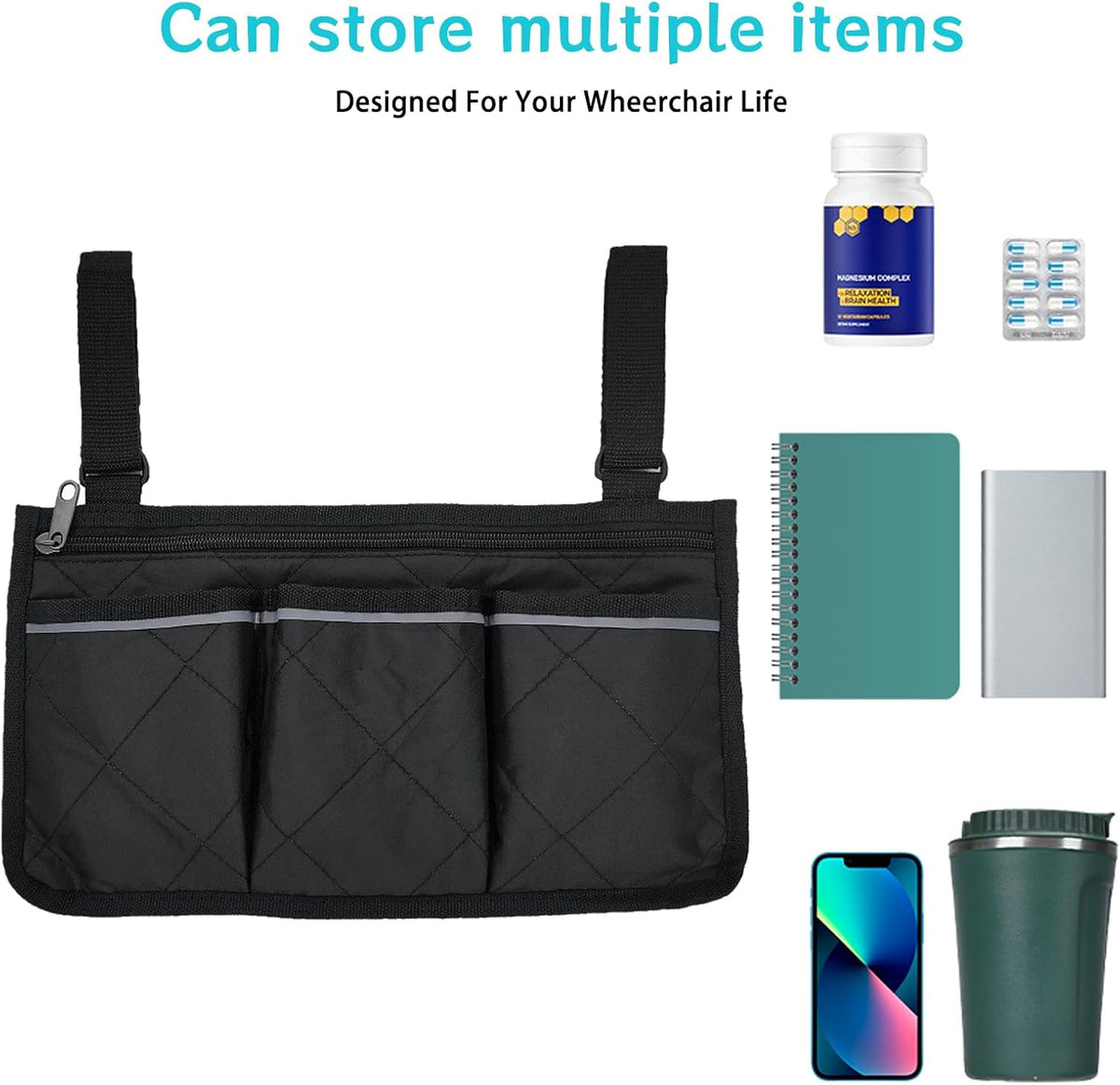 Multifunctional Wheelchair Side Storage Bag - Convenient Walker Bag 4 Separate Pockets Electric Wheelchairs Side Storage Bag with Reflective Strips Can Store Most Items