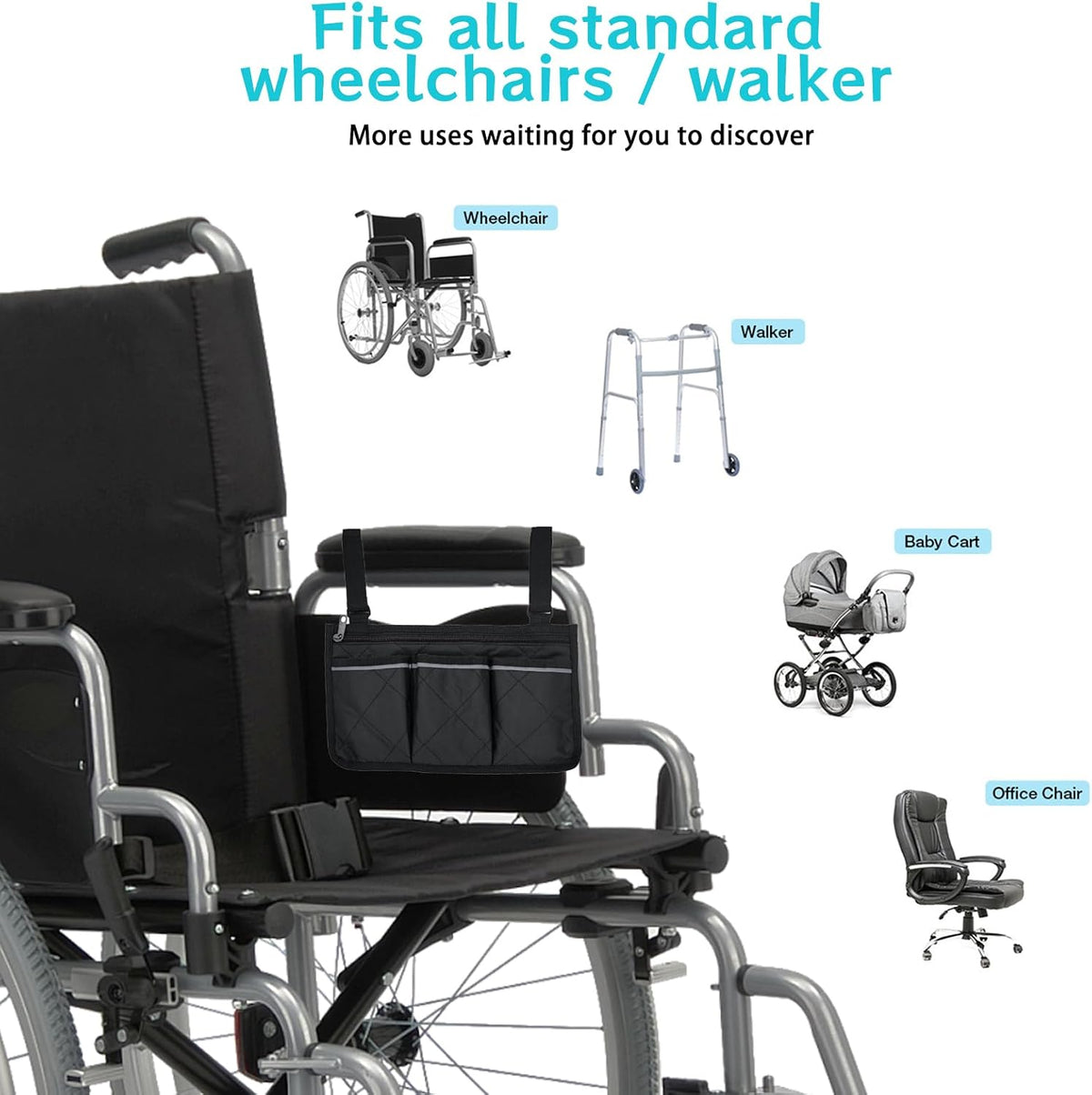 Multifunctional Wheelchair Side Storage Bag - Convenient Walker Bag 4 Separate Pockets Electric Wheelchairs Side Storage Bag with Reflective Strips Can Store Most Items