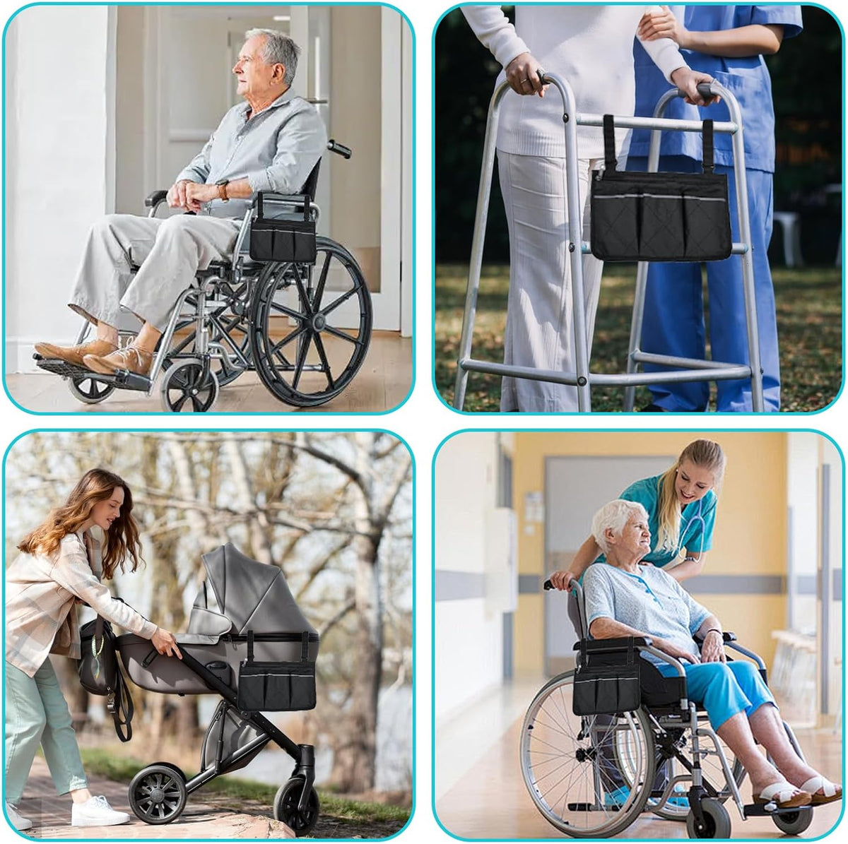 Multifunctional Wheelchair Side Storage Bag - Convenient Walker Bag 4 Separate Pockets Electric Wheelchairs Side Storage Bag with Reflective Strips Can Store Most Items