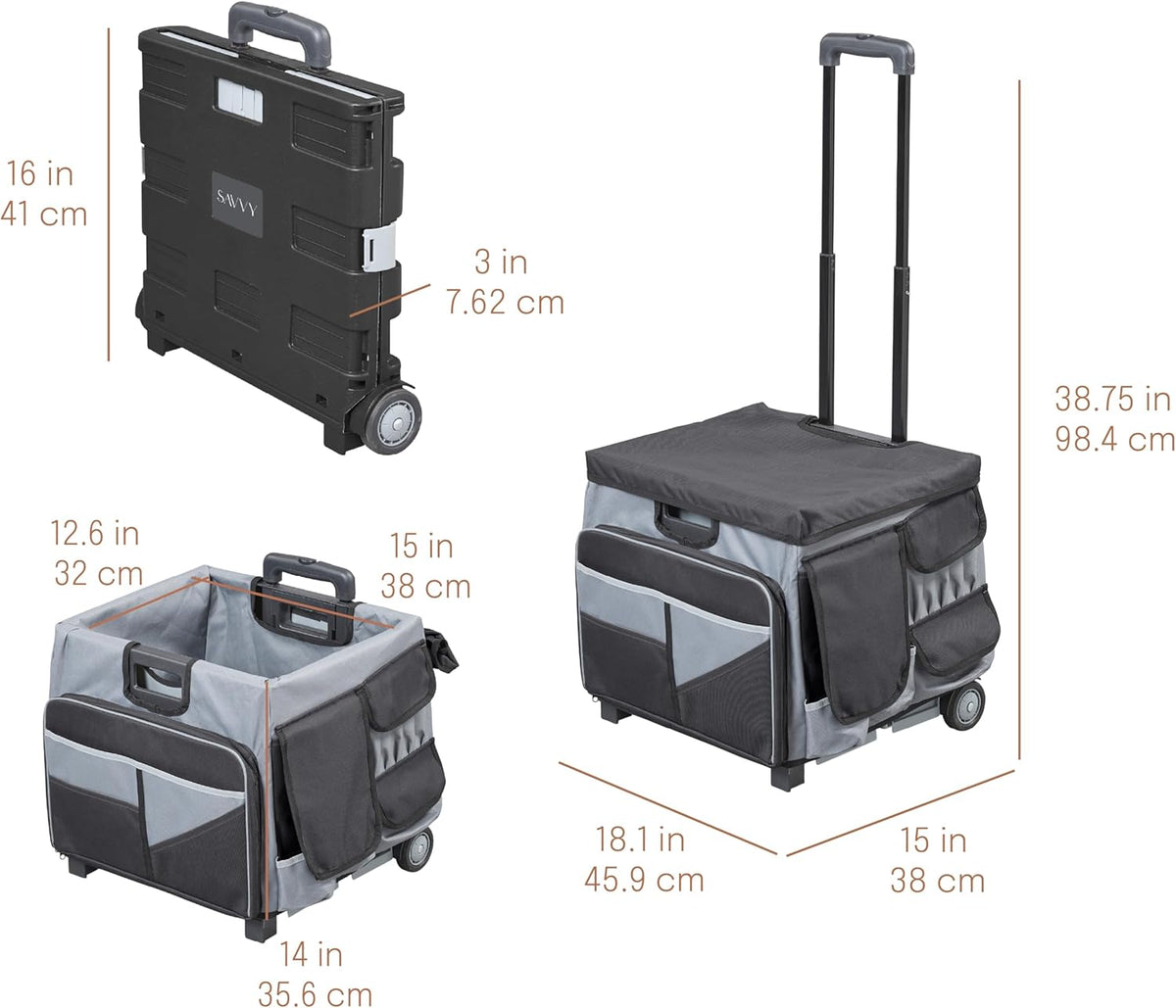 Folding Mobile Utility Cart, Canvas Organizer Bag, Black/Grey