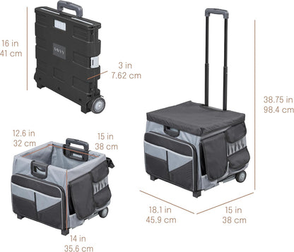 Folding Mobile Utility Cart, Canvas Organizer Bag, Black/Grey