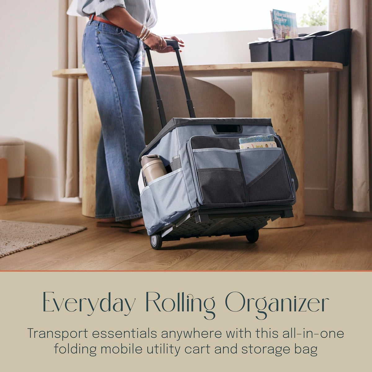 Folding Mobile Utility Cart, Canvas Organizer Bag, Black/Grey