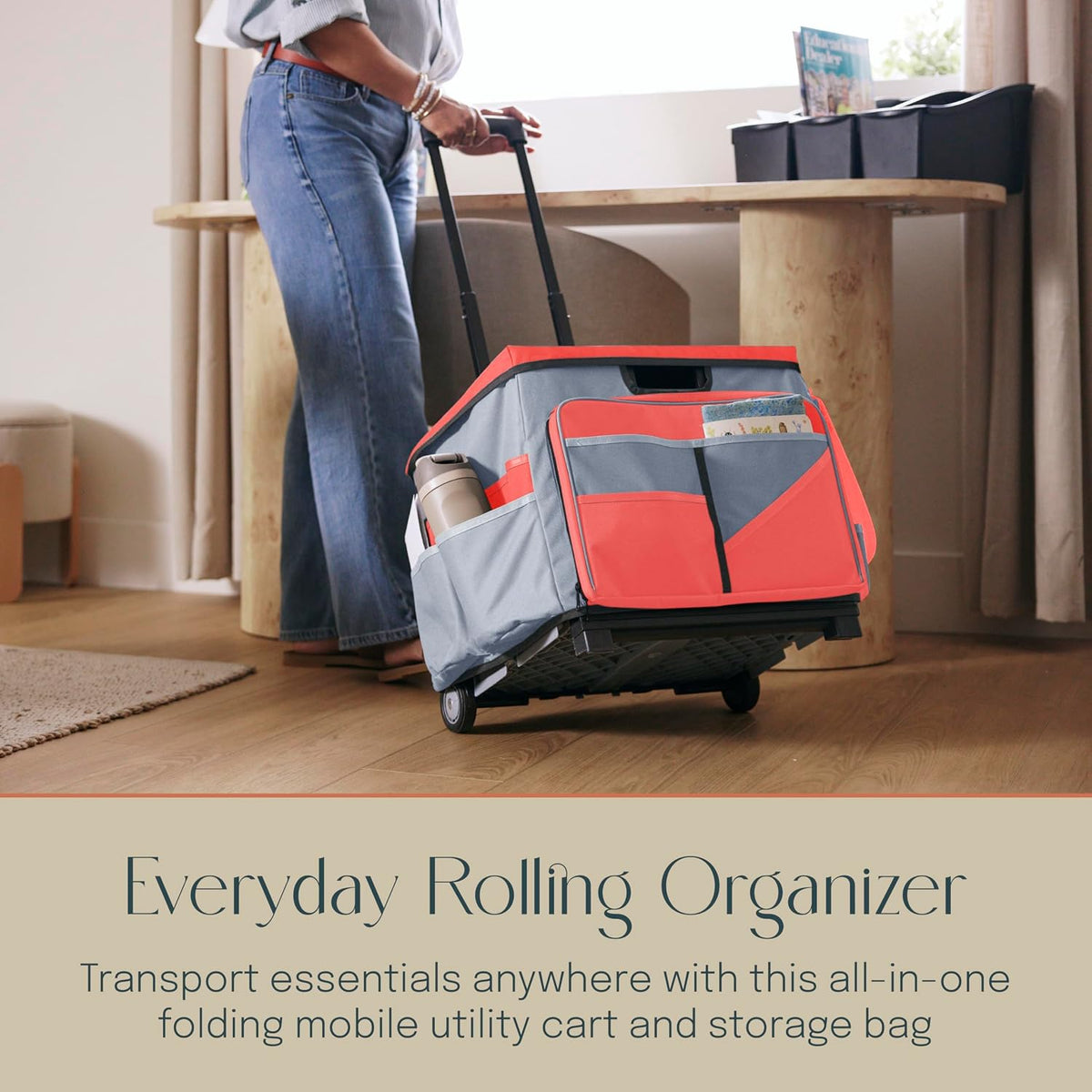 Folding Mobile Utility Cart, Canvas Organizer Bag, Black/Grey