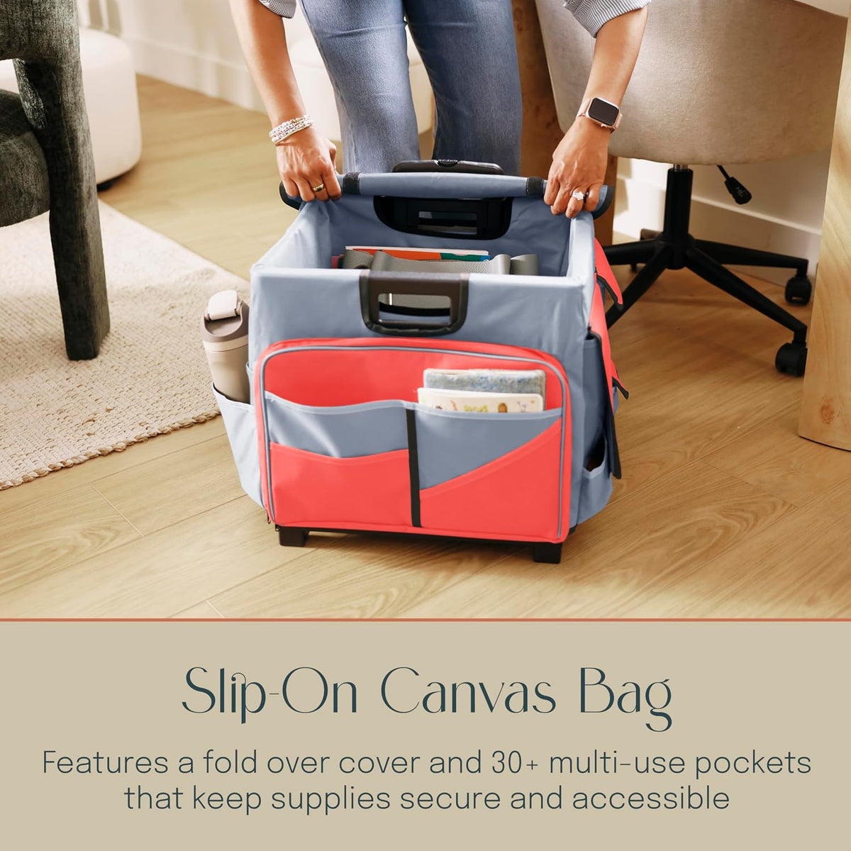 Folding Mobile Utility Cart, Canvas Organizer Bag, Black/Grey