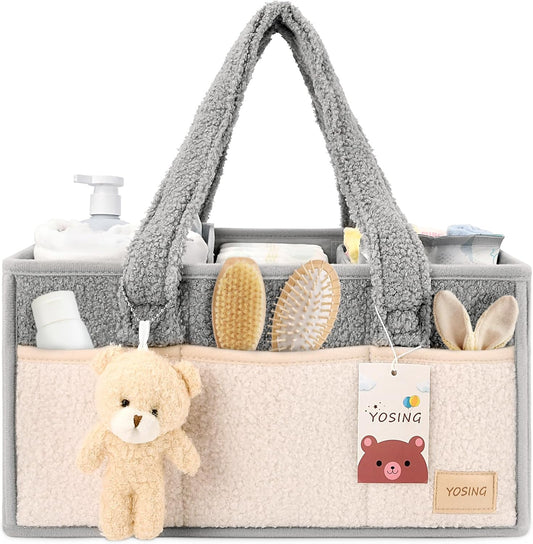 Diaper Caddy Organizer with 13 Pockets & Removable Dividers - Portable Baby Storage Basket for Nursery, Car Travel & Newborn Essentials, Green+ White