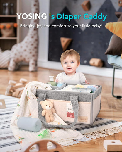 Diaper Caddy Organizer with 13 Pockets & Removable Dividers - Portable Baby Storage Basket for Nursery, Car Travel & Newborn Essentials, Green+ White